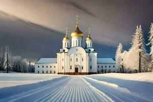 ein Kirche im das Schnee mit golden Kuppeln. KI-generiert foto