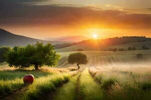 das Sonne steigt an Über ein Feld mit ein Apfel im das Mitte. KI-generiert foto