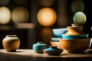 ein Gruppe von bunt Keramik Schalen und Vasen auf ein Tisch. KI-generiert foto