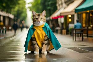 ein Katze tragen ein Gelb und Blau Mantel auf ein regnerisch Straße. KI-generiert foto