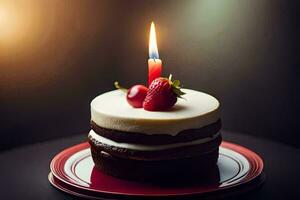 ein Geburtstag Kuchen mit ein Single Kerze. KI-generiert foto