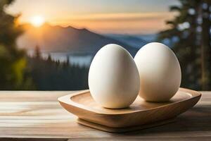 zwei Eier auf ein hölzern Tablett mit Berge im das Hintergrund. KI-generiert foto