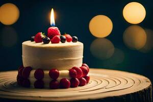 ein Geburtstag Kuchen mit Beeren auf oben. KI-generiert foto