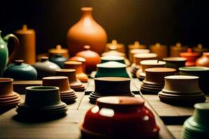 ein Sammlung von bunt Keramik Vasen auf ein Tisch. KI-generiert foto