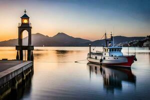 ein Boot angedockt beim das Seebrücke beim Sonnenuntergang mit ein Uhr Turm im das Hintergrund. KI-generiert foto