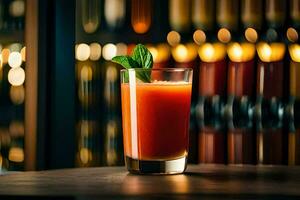 ein Glas von Orange Saft Sitzung auf ein Tisch. KI-generiert foto