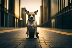 ein Hund Sitzung auf das Straße im ein Stadt. KI-generiert foto