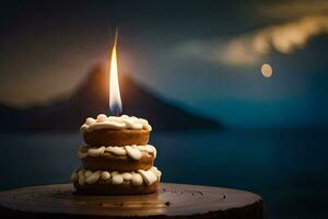 ein Kuchen mit ein Kerze auf oben von Es. KI-generiert foto