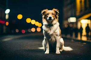 ein Hund Sitzung auf das Straße beim Nacht. KI-generiert foto