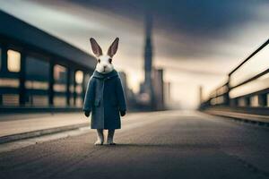 ein Hase im ein Blau Mantel steht auf das Straße. KI-generiert foto