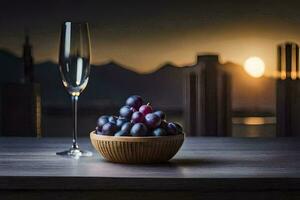Foto Hintergrund das Stadt, Wein, Glas, Trauben, Sonnenuntergang, das Stadt, das Stadt Horizont. KI-generiert