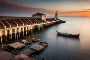 ein Boot ist angedockt beim das Seebrücke beim Sonnenuntergang. KI-generiert foto