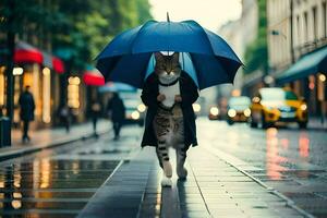 ein Katze Gehen Nieder ein Straße mit ein Regenschirm. KI-generiert foto