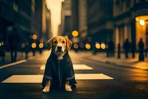 ein Hund im ein Mantel Sitzung auf das Straße. KI-generiert foto