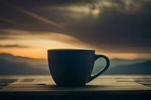 Kaffee Tasse auf ein Tabelle mit Berge im das Hintergrund. KI-generiert foto