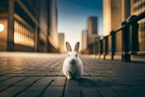 ein Weiß Hase ist Stehen auf ein Backstein Straße. KI-generiert foto