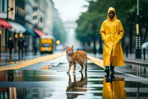 ein Frau im ein Gelb Regenjacke und Katze Gehen Nieder ein Straße. KI-generiert foto