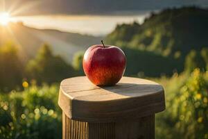 ein Apfel sitzt auf oben von ein hölzern Post im Vorderseite von ein Sonnenuntergang. KI-generiert foto