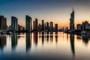 das Horizont von Dubai beim Sonnenuntergang. KI-generiert foto