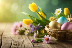 Ostern Eier im ein Korb auf ein hölzern Tisch. KI-generiert foto