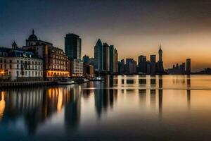 das Stadt Horizont ist reflektiert im das Wasser beim Sonnenuntergang. KI-generiert foto