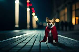 ein Hund tragen ein rot Kap auf ein Straße beim Nacht. KI-generiert foto