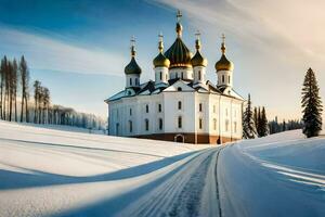 ein Kirche im das Schnee mit golden Kuppeln. KI-generiert foto