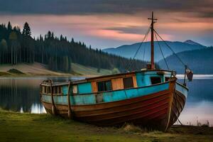 ein Boot sitzt auf das Ufer von ein See. KI-generiert foto