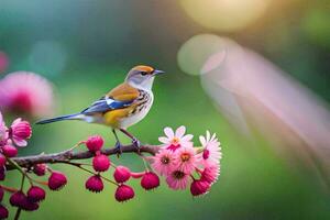 ein Vogel ist thront auf ein Ast mit Rosa Blumen. KI-generiert foto