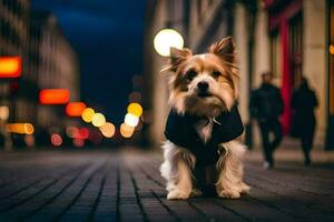 ein Hund tragen ein Jacke auf ein Straße beim Nacht. KI-generiert foto