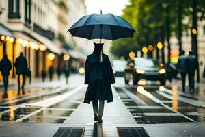 ein Person Gehen Nieder ein Straße mit ein Regenschirm. KI-generiert foto