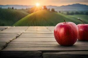 zwei Äpfel auf ein hölzern Tabelle mit ein Sonnenuntergang im das Hintergrund. KI-generiert foto