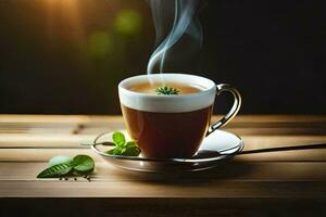 ein Tasse von Kaffee mit ein Blatt auf das Untertasse. KI-generiert foto