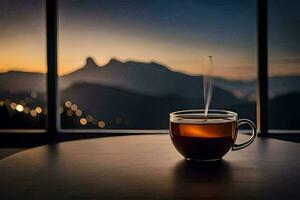 ein Tasse von Kaffee auf ein Tabelle im Vorderseite von ein Fenster mit ein Aussicht von das Berge. KI-generiert foto