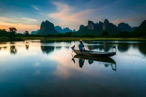 ein Mann im ein Boot auf das Fluss beim Sonnenuntergang. KI-generiert foto