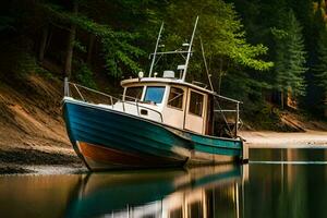 ein Boot ist geparkt auf das Ufer von ein Fluss. KI-generiert foto