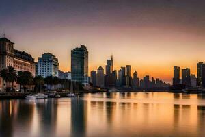 das Stadt Horizont ist reflektiert im das Wasser beim Sonnenuntergang. KI-generiert foto