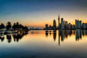 das Stadt Horizont ist reflektiert im das Wasser beim Sonnenuntergang. KI-generiert foto