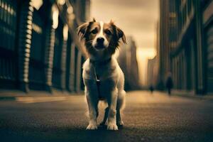 ein Hund Stehen im das Mitte von ein Stadt Straße. KI-generiert foto