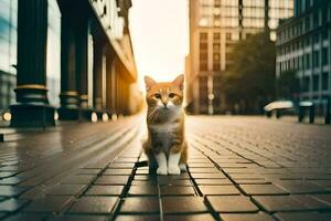 ein Katze ist Stehen auf ein Backstein Straße im das Stadt. KI-generiert foto