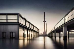 ein lang, leeren Warenhaus mit ein hoch Gebäude im das Hintergrund. KI-generiert foto