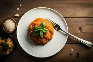 Spaghetti mit Tomate Soße und Basilikum Blätter auf ein Weiß Platte. KI-generiert foto