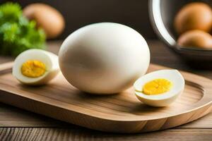 ein schwer gekocht Ei auf ein Schneiden Tafel. KI-generiert foto
