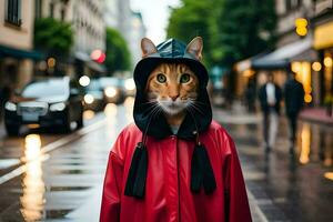 ein Katze tragen ein rot Regenjacke und ein Haube. KI-generiert foto