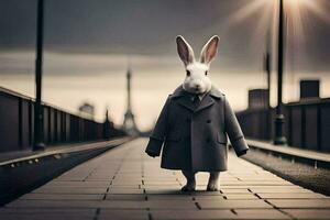ein Hase tragen ein Mantel und Krawatte Stehen auf ein Brücke. KI-generiert foto