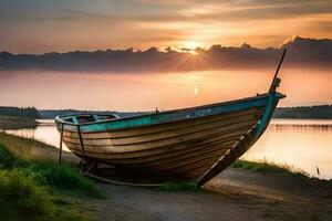 ein Boot sitzt auf das Ufer beim Sonnenuntergang. KI-generiert foto