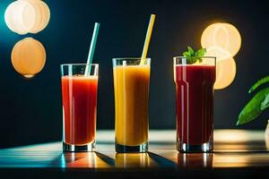 drei Brille von Saft mit Strohhalme auf ein Tisch. KI-generiert foto