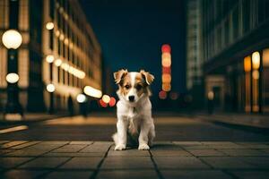 ein Hund Sitzung auf das Straße beim Nacht. KI-generiert foto