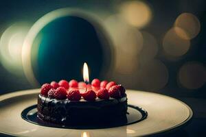 ein Schokolade Kuchen mit Himbeeren auf oben. KI-generiert foto