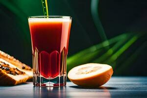 ein Glas von Saft mit ein Scheibe von Brot. KI-generiert foto